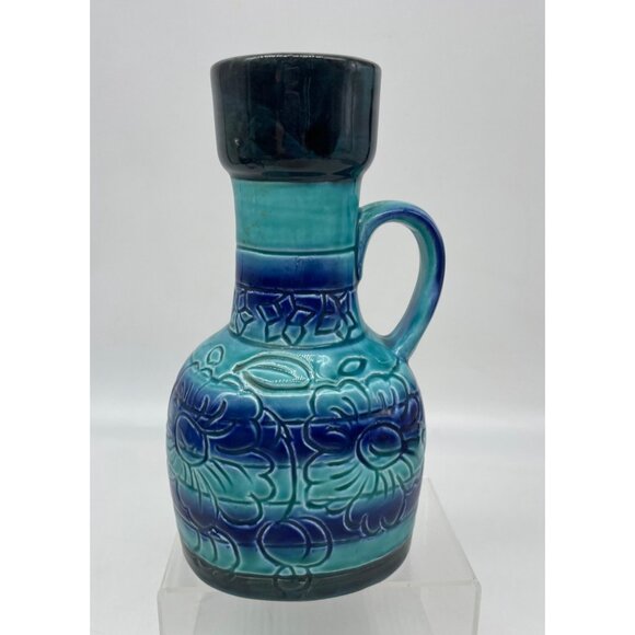 MCM Japan Turquoise & Cobalt Blue Floral Ceramic Pitcher Vase 7.5" With Handle - Picture 1 of 11
